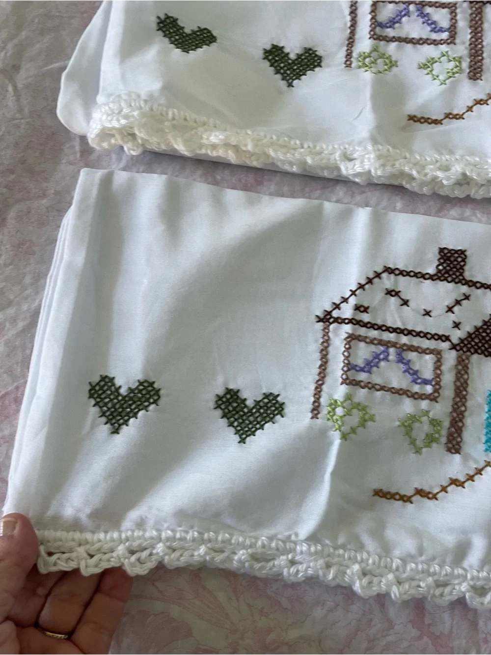 Grannycore Hand Cross-stitched House pillowcase set with crocheted trim
